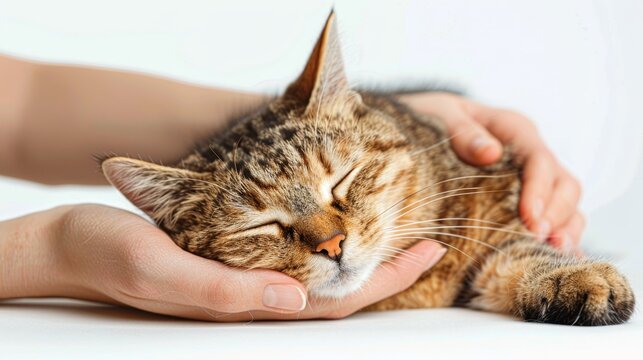 Hands caressing striped cat  pet care concept banner with white background and copy space