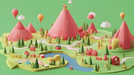 Low Poly Landscape with Mountains and Hot Air Balloons