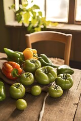 green tomato and pepper on the wooden table
