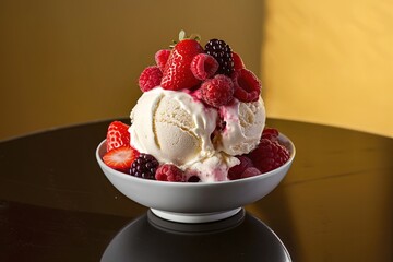 ice cream with fresh berries on black table on yellow background