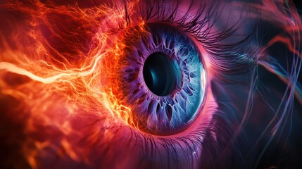 Abstract Close-up of an Eye with Energetic Flames and Glowing Lines - Digital Art.