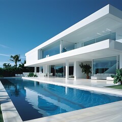 Fototapeta premium Modern White House with Swimming Pool and Palm Trees