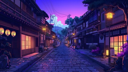 A serene cobblestone street flanked by traditional houses with glowing lanterns, under a twilight sky. The scene exudes tranquility and timeless charm, inviting a peaceful evening stroll