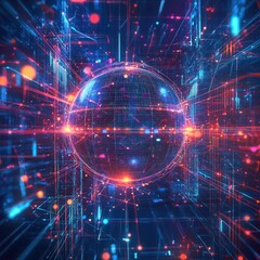 Abstract 3D Sphere with Glowing Lines and Points, Network, Technology, Connectivity Concept.