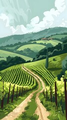 Fototapeta premium Countryside Landscape Illustration With Vineyard