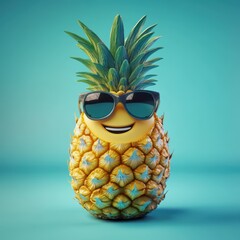 Smiling Pineapple Wearing Sunglasses on a Turquoise Background.
