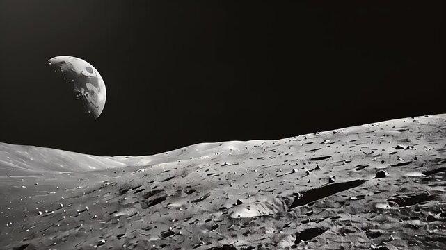 Moon surface. in motion Black and white space panorama background.