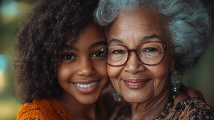 A young girl and her grandmother share a joyful embrace, radiating warmth and love in a peaceful outdoor setting