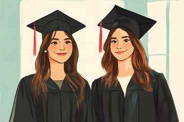 illustration of a two female college students and best friends graduating together