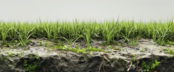A close-up view of a lush green grass field with a focus on the ground and roots.