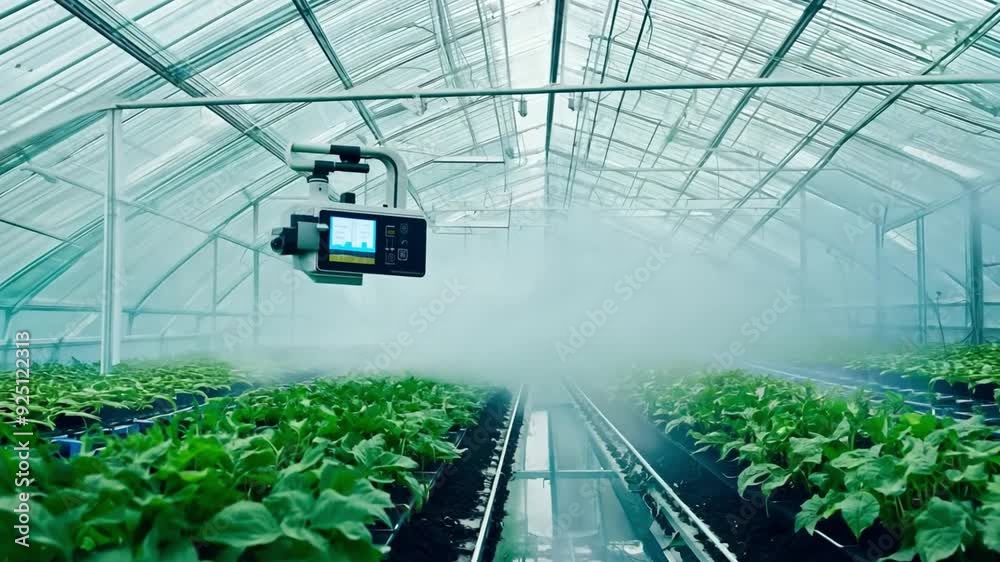 Poster an advanced irrigation system sprays a fine mist over rows of healthy plants inside a high-tech gree