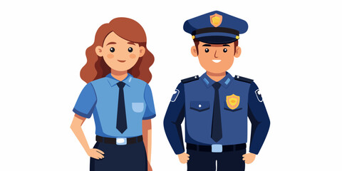 Police officers, a man and a woman in uniform stand on a white background. Keepers of order, investigation of crimes
