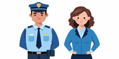 Police officers, a man and a woman in uniform stand on a white background. Keepers of order, investigation of crimes
