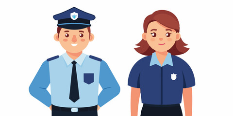 Police officers, a man and a woman in uniform stand on a white background. Keepers of order, investigation of crimes
