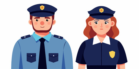 Police officers, a man and a woman in uniform stand on a white background. Keepers of order, investigation of crimes
