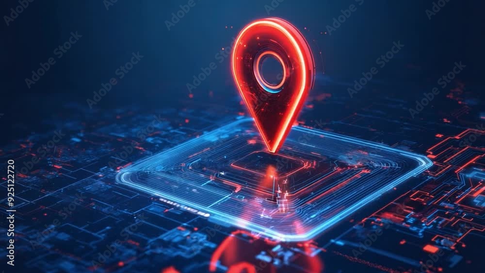 Poster a navigation marker highlighted in red hovers over a glowing blue digital grid, symbolizing location