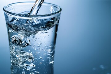 Stream of fresh water is pouring into a glass and creating bubbles against a blue background