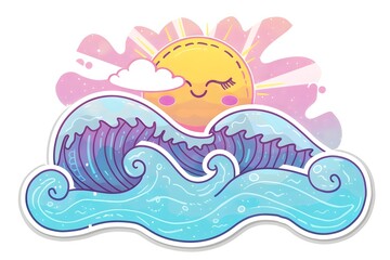 Vibrant Kawaii Waves and Sunshine Sticker Design on White Background