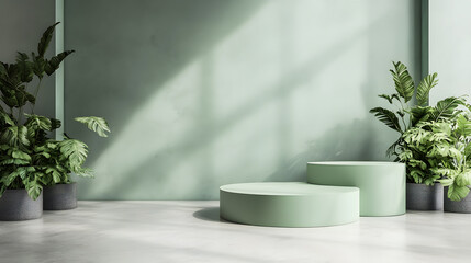 Two stages or podiums with plants in the interior in green, perfect for product showcase or decoration