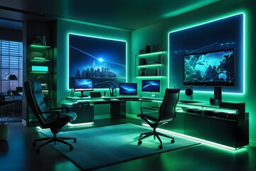 Naklejka premium A room with two computer desks and two chairs, one of which is a gaming chair