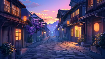 Fototapeta premium A serene cobblestone street flanked by traditional houses with glowing lanterns, under a twilight sky. The scene exudes tranquility and timeless charm, inviting a peaceful evening stroll