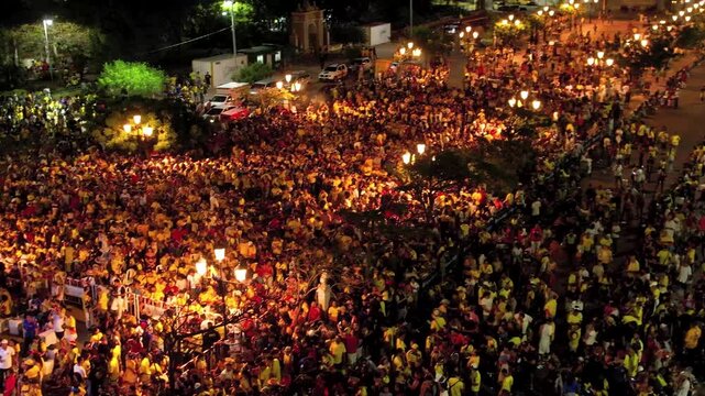 Cinematic view of the people of Colombia Celebration the classification of the World Cup in a national party in the Clock tower in Cartagena