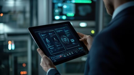 Fototapeta premium Secure Business Operations - Person in Suit Using Cybersecurity Dashboard on Tablet