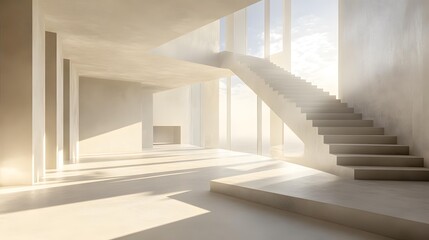 Obraz premium Modern Minimalist Interior Design with Staircase and Window View