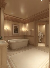 Fototapeta premium Modern Bathroom Interior Design With White Bathtub And Wooden Walls