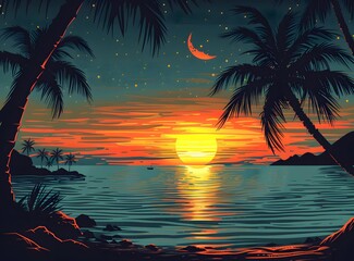Tropical Sunset with Palm Trees and Ocean