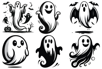 Cartoon ghosts illustration with Halloween theme black and white perfect for spooky decor