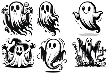 Cartoon ghost illustrations black and white spooky designs Halloween decoration symbols