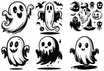 Cute and spooky ghost illustrations, black and white, Halloween graphics, perfect for decorations
