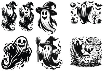 Spooky ghost illustrations in black and white cartoon style for Halloween decor and designs