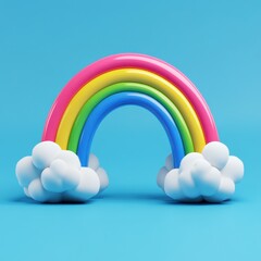 3D Rainbow with Clouds on Blue Background - Minimalist Design.