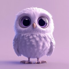 Obraz premium Adorable 3D White Owl with Big Purple Eyes on a Lavender Background.