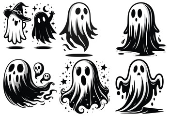Cute cartoon ghosts in black and white, Halloween themed, perfect for festive decoration