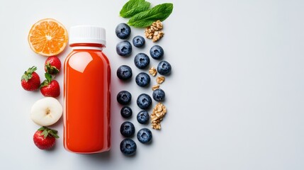 Obraz premium Vibrant juice bottle surrounded by fresh fruits and nuts on a clean surface, perfect for promoting healthy living and nutrition.