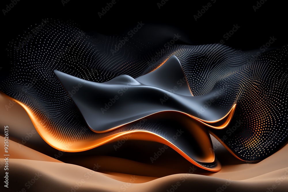 Poster Abstract 3D rendering of flowing, golden and black waves with a dotted pattern in the background.