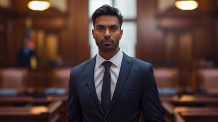 Fototapeta premium A confident business professional stands in a courtroom, dressed in a sharp suit, ready to present a case or partake in a legal proceeding.