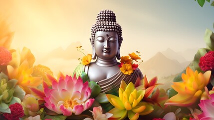 Obraz premium Buddha image, ancient Buddhism surrounded by flowers Ai generate 