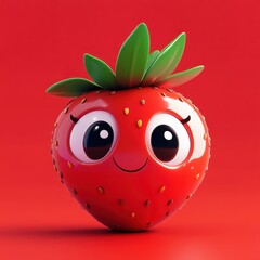 Fototapeta premium Cute Cartoon Strawberry Character with Big Eyes and a Smiling Face.