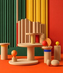 Abstract Minimalist Wooden Geometric Shapes Composition With Colored Background