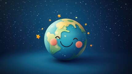 Fototapeta premium Cute Cartoon Earth Smiling with Stars in the Background.
