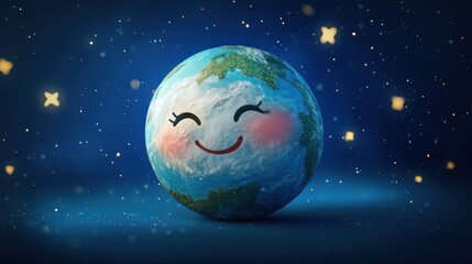 Fototapeta premium Smiling Earth Globe with Stars in the Night Sky - Concept of Happy Planet and Environmental Protection.