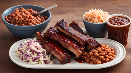 A plate of american style bbq ribs with sides of coleslaw baked beans and bbq sauce in small bowls, AI Generated