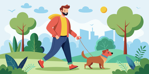 Happy man walks in the city park with his dog. Walking with a pet in nature. Outdoor activities with a four legged friend
