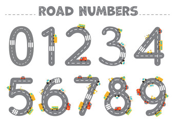 Vector illustration. Road numbers for kids. Numbers set from 1 to 9. Children educational cards for learning numbers.