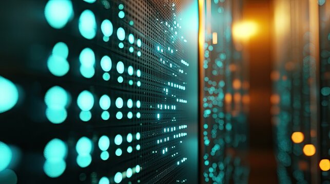 Close-up of a server room with blinking lights, representing digital communication.