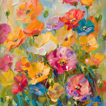 Masterful oil painting showcasing the beauty of spring with a profusion of colorful poppy flowers